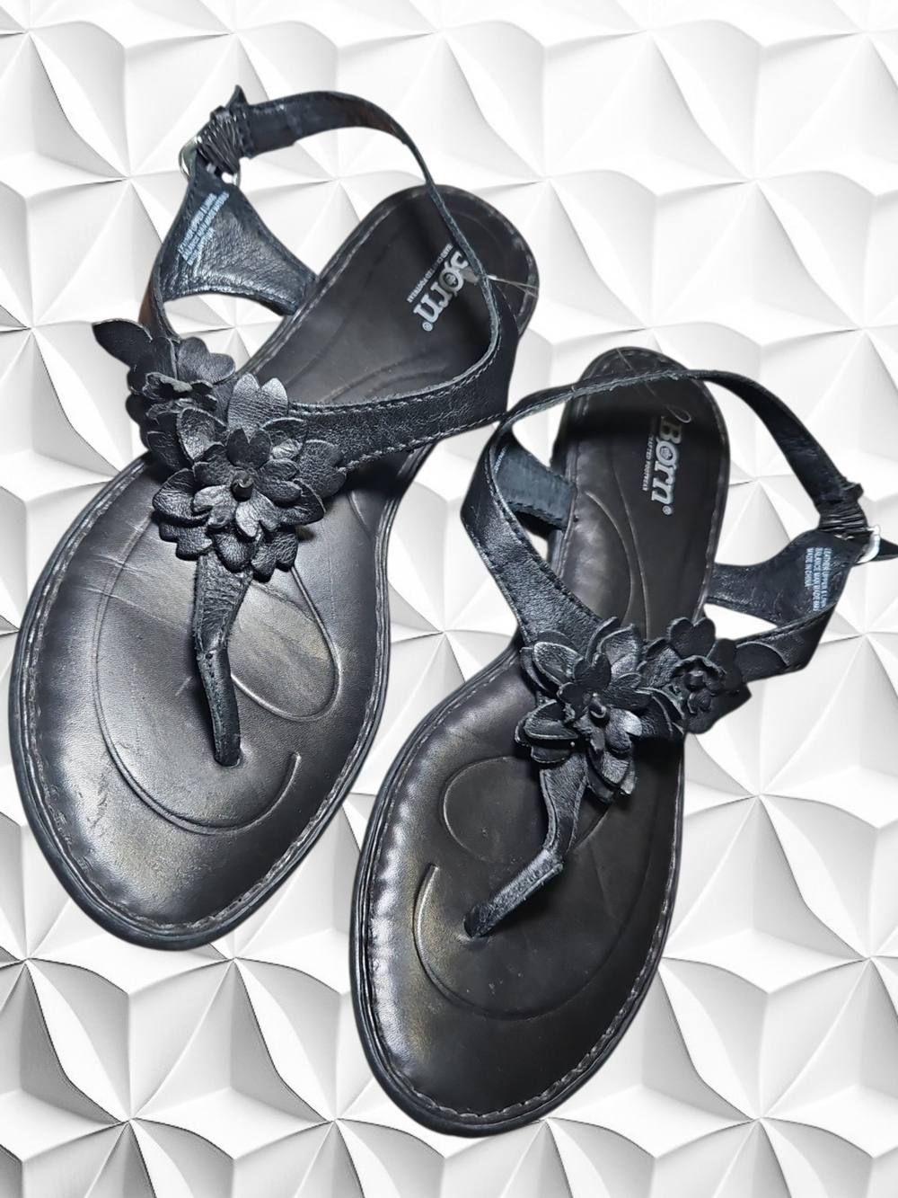 ​Børn Black Leather Floral T-Strap Slingback Sandals Size 10M